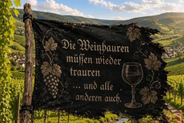 zerfletterte Fahne im Weinberg mit Text: "Die Weinbauren müssen wieder trauren ... und alle anderen auch."